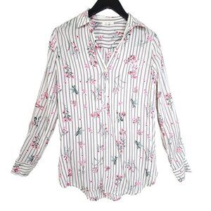 Pleione White Gray Pink Floral Long Sleeve Slinky Button Front Oversized Top